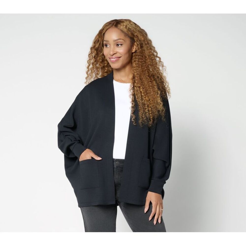 Liberare Women's Top Sweater Sz L ScubaLuxe Le Chic Bat Wing Cardi Black A703691